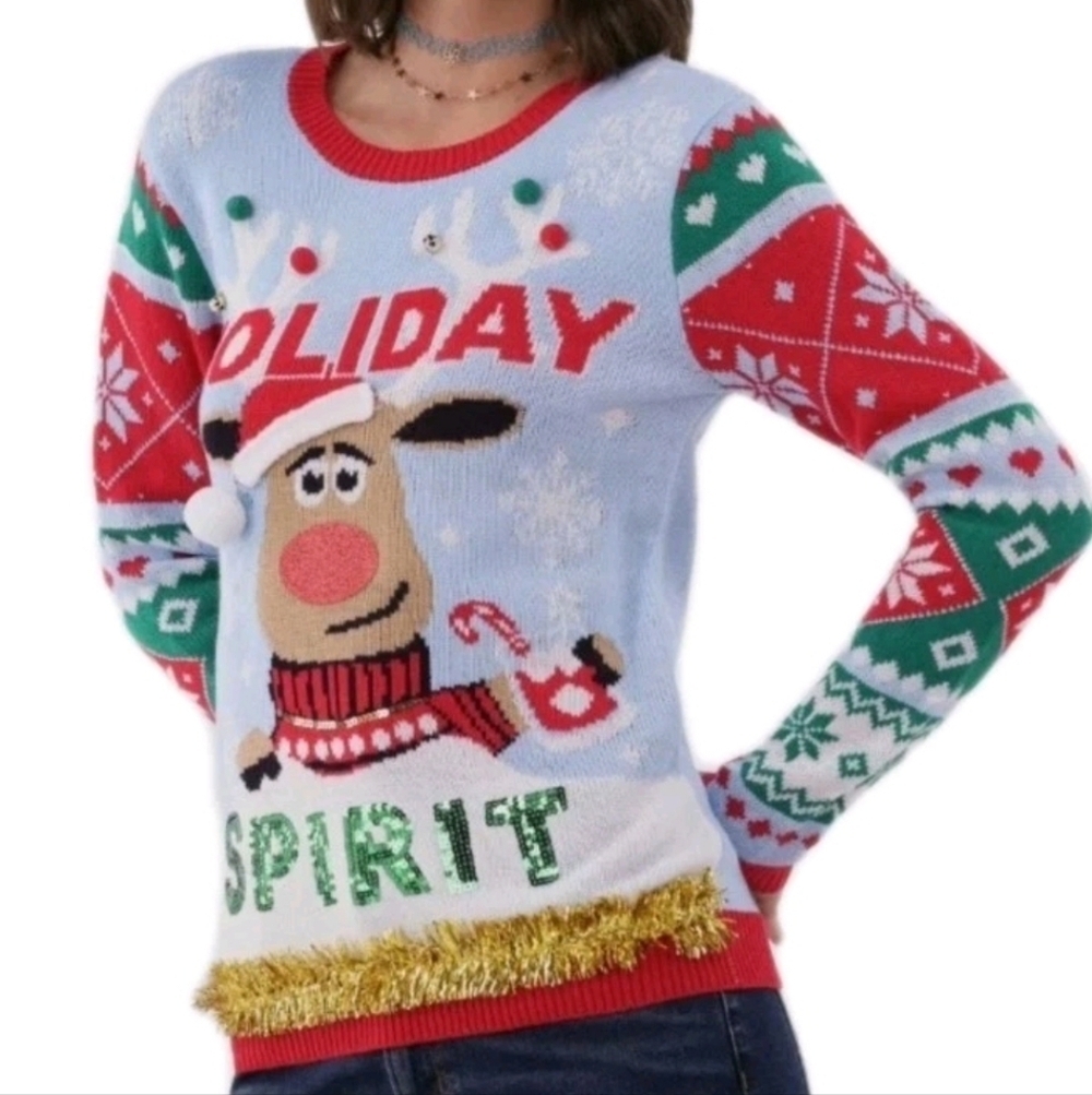 Womens Christmas Reindeer Sweater Size Small Blue Red Sequins Spirit Fringe Work